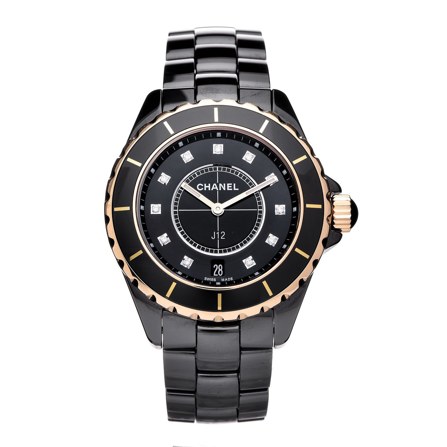 Chanel Stainless Steel 18K Yellow Gold Ceramic Diamond 38mm J12 Quartz Watch Black 1 of 7