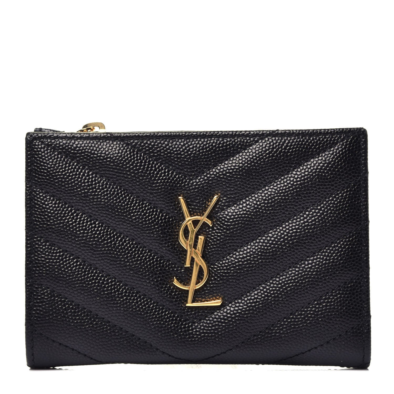 Saint Laurent Grain De Poudre Matelasse Chevron Monogram Zipped Two-Part Wallet Black 1 of 7