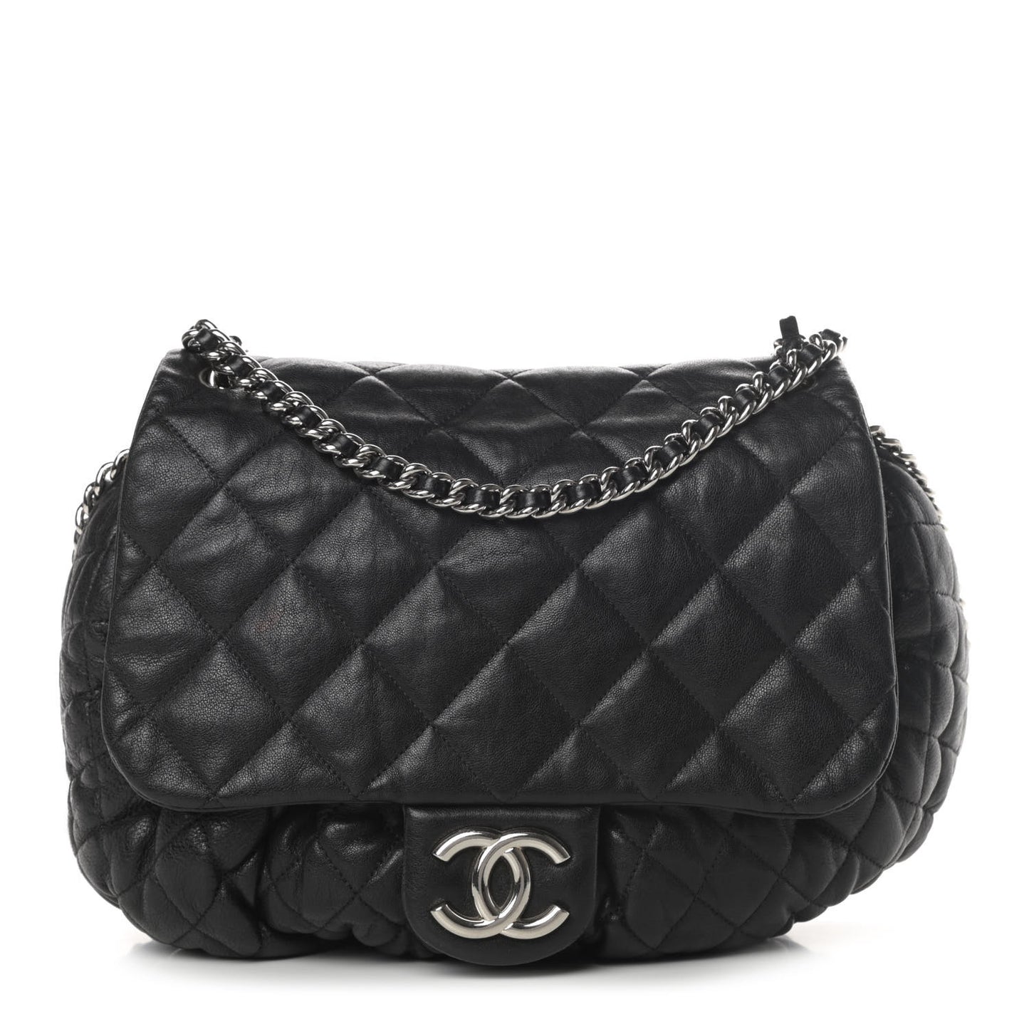 Washed Lambskin Quilted Large Chain Around Flap Black