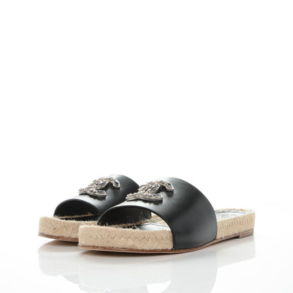 Chanel Calfskin CC Espadrille Slip On Sandals 37.5 Black 3 of 7