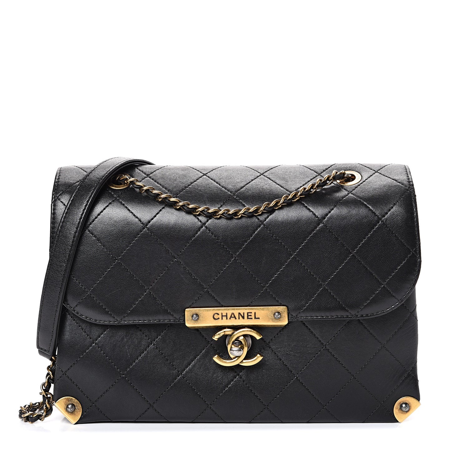Shiny Lambskin Quilted Around The Corner Flap Black