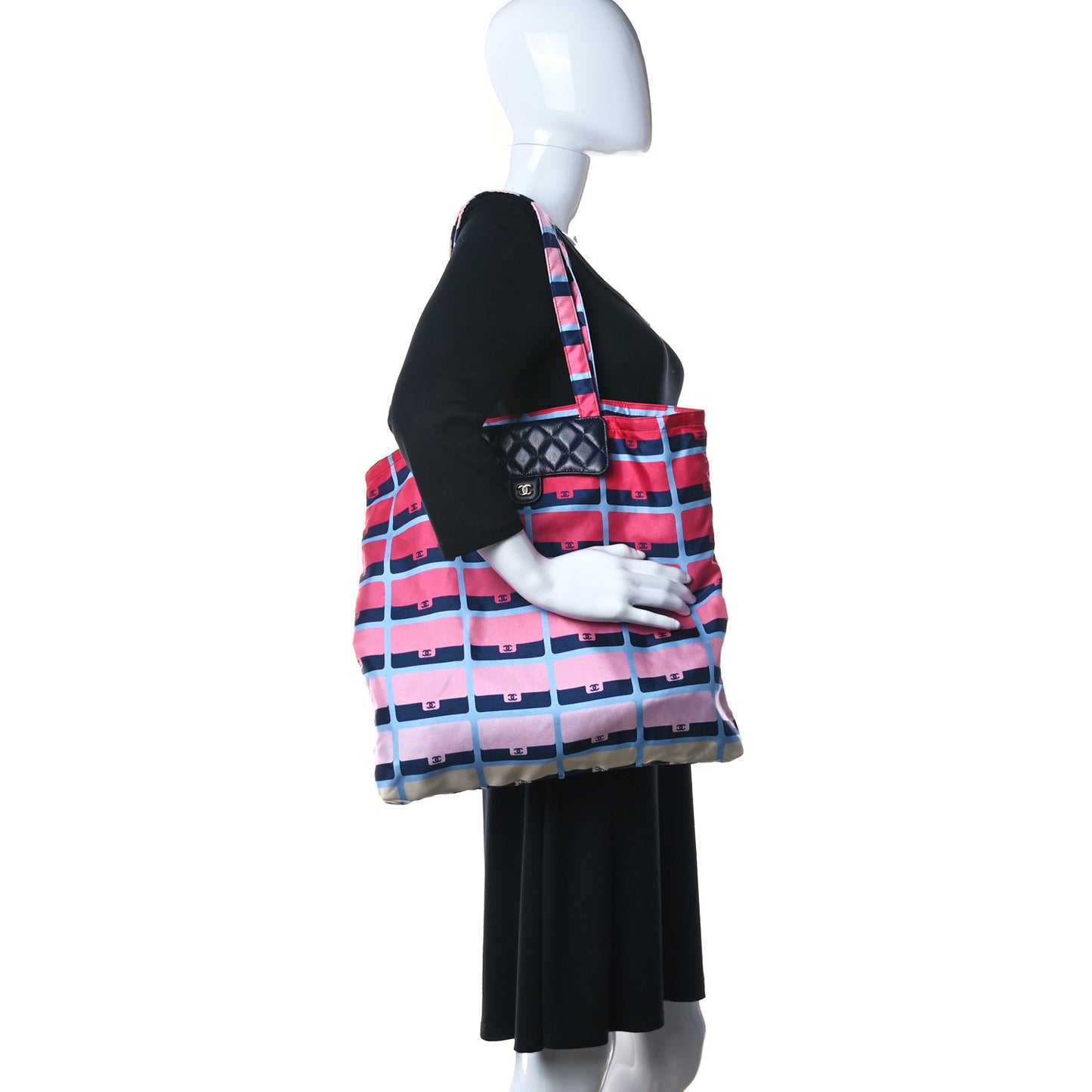 Jersey Fabric Quilted Foldable Tote With Chain Pink Multicolor