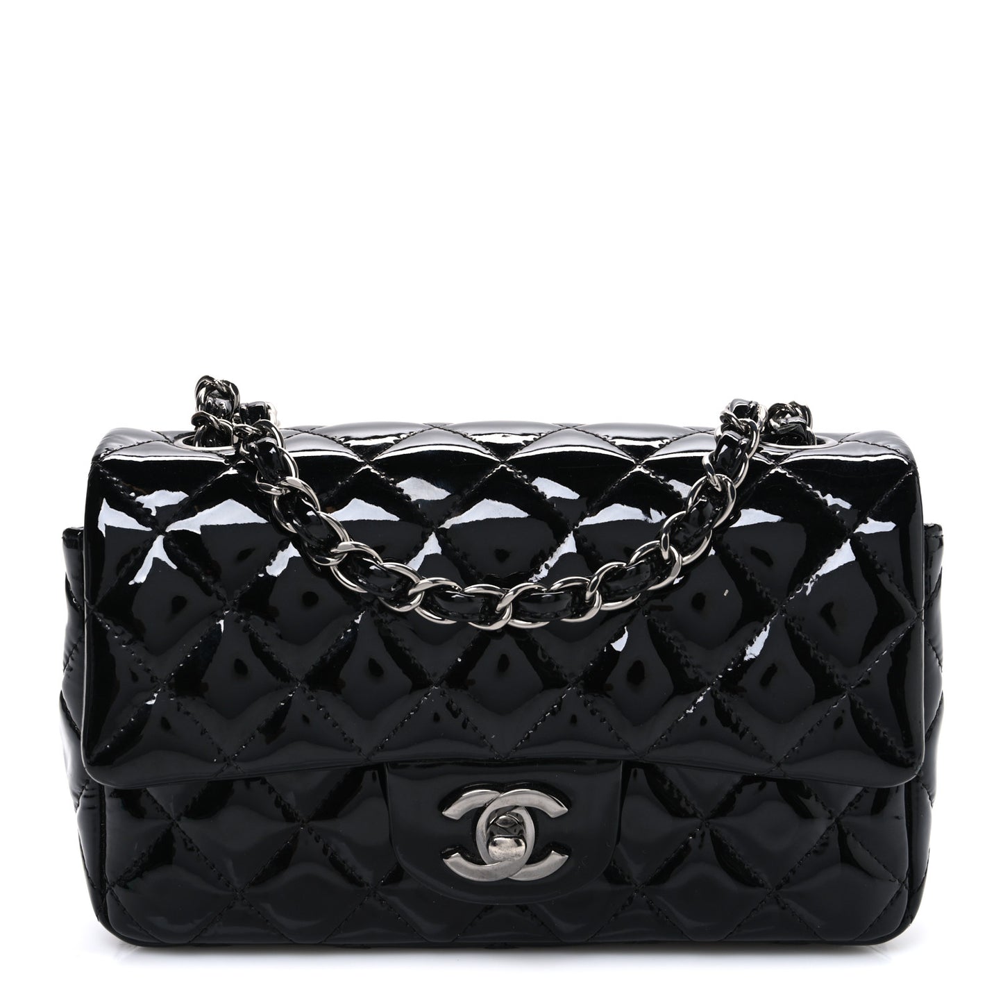 Patent Calfskin Quilted Mini Rectangular Flap Black