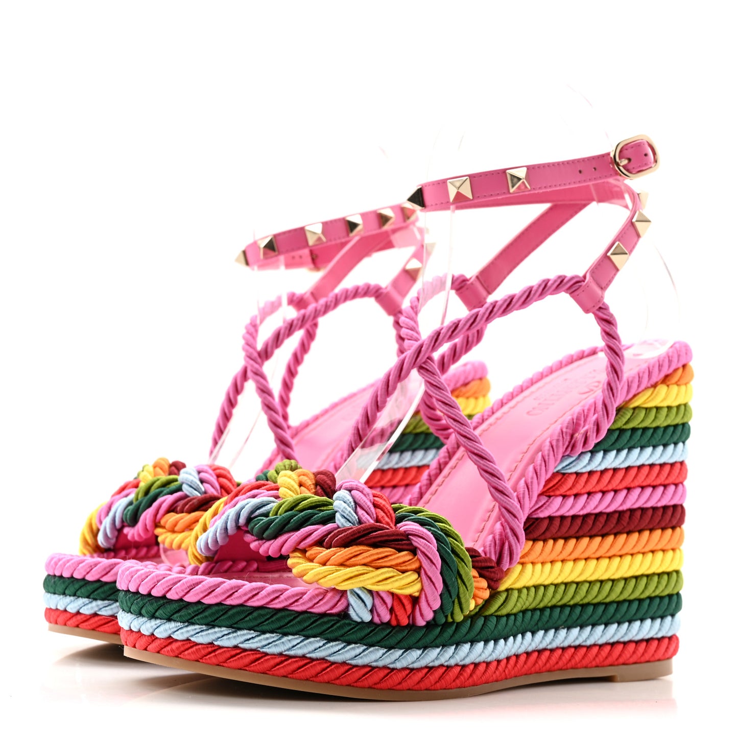 Calfskin Rockstud Ankle Strap Torchon Espadrille 25/115mm Wedge Sandals 37 Feminine Pink Multicolor