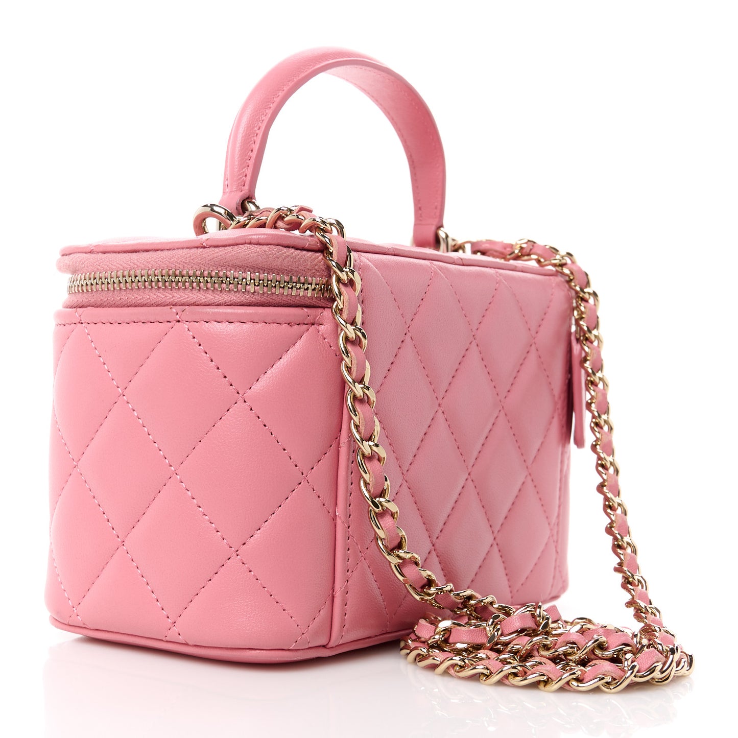 Lambskin Quilted Small Top Handle Vanity Case With Chain Dark Pink