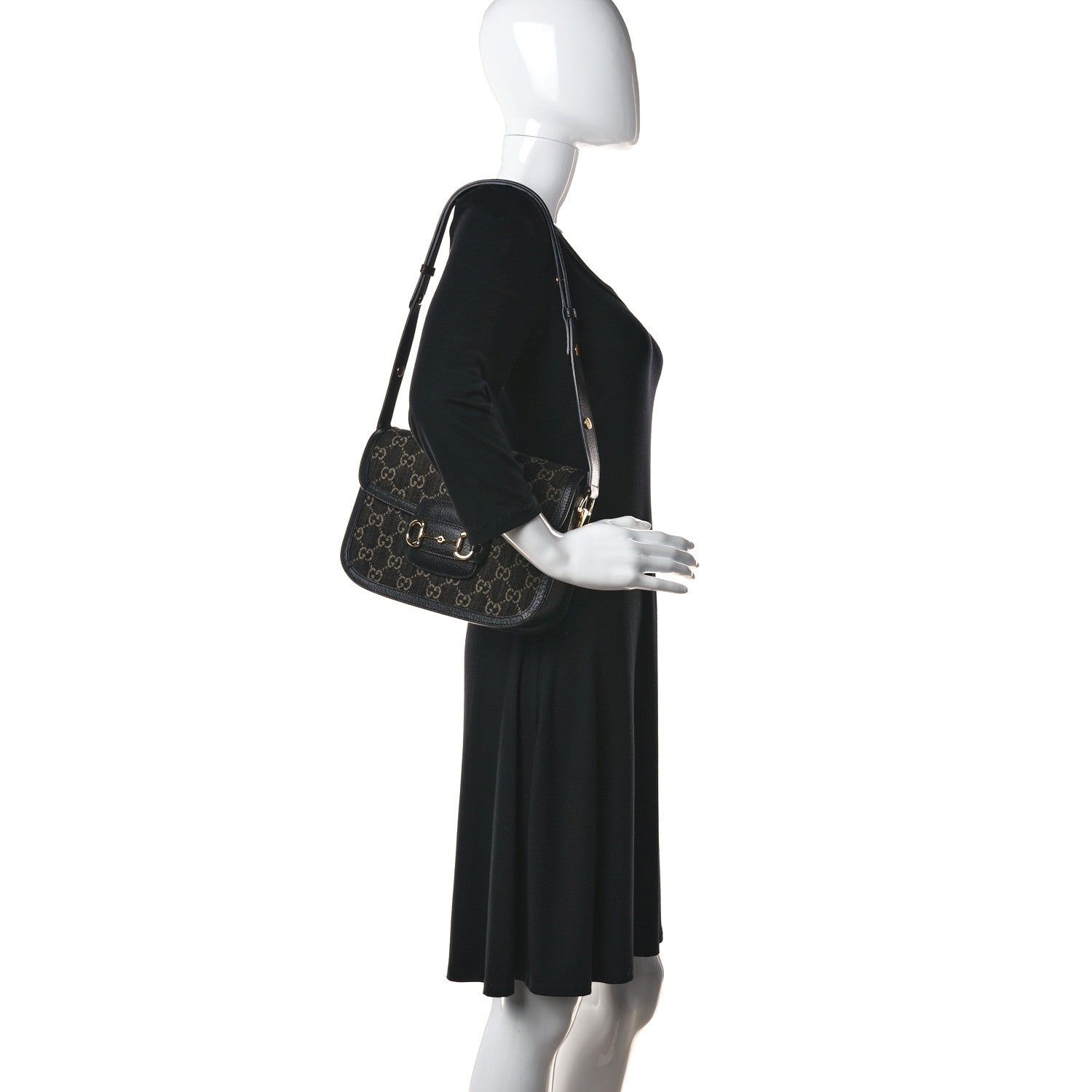 Gucci Jacquard Black Denim GG Monogram Textured Dollar Calfskin Horsebit 1955 Shoulder Bag Black Ivory 2 of 14