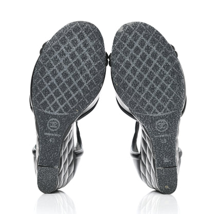 Chanel Lambskin Pearl Quilted Peep Toe Wedge Sandals 40 Black 5 of 9