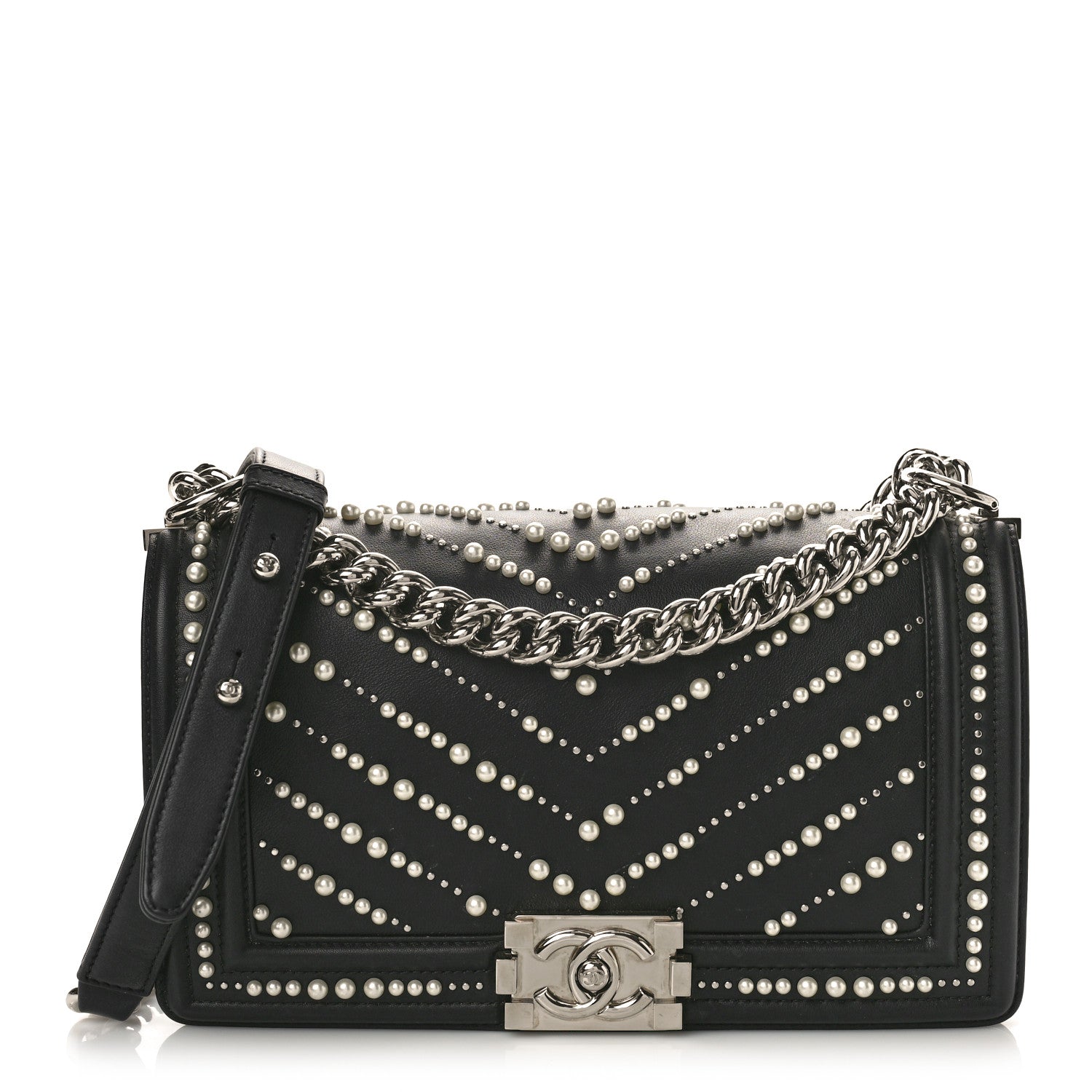 Chanel Calfskin Pearl Chevron Medium Boy Flap Black 1 of 10