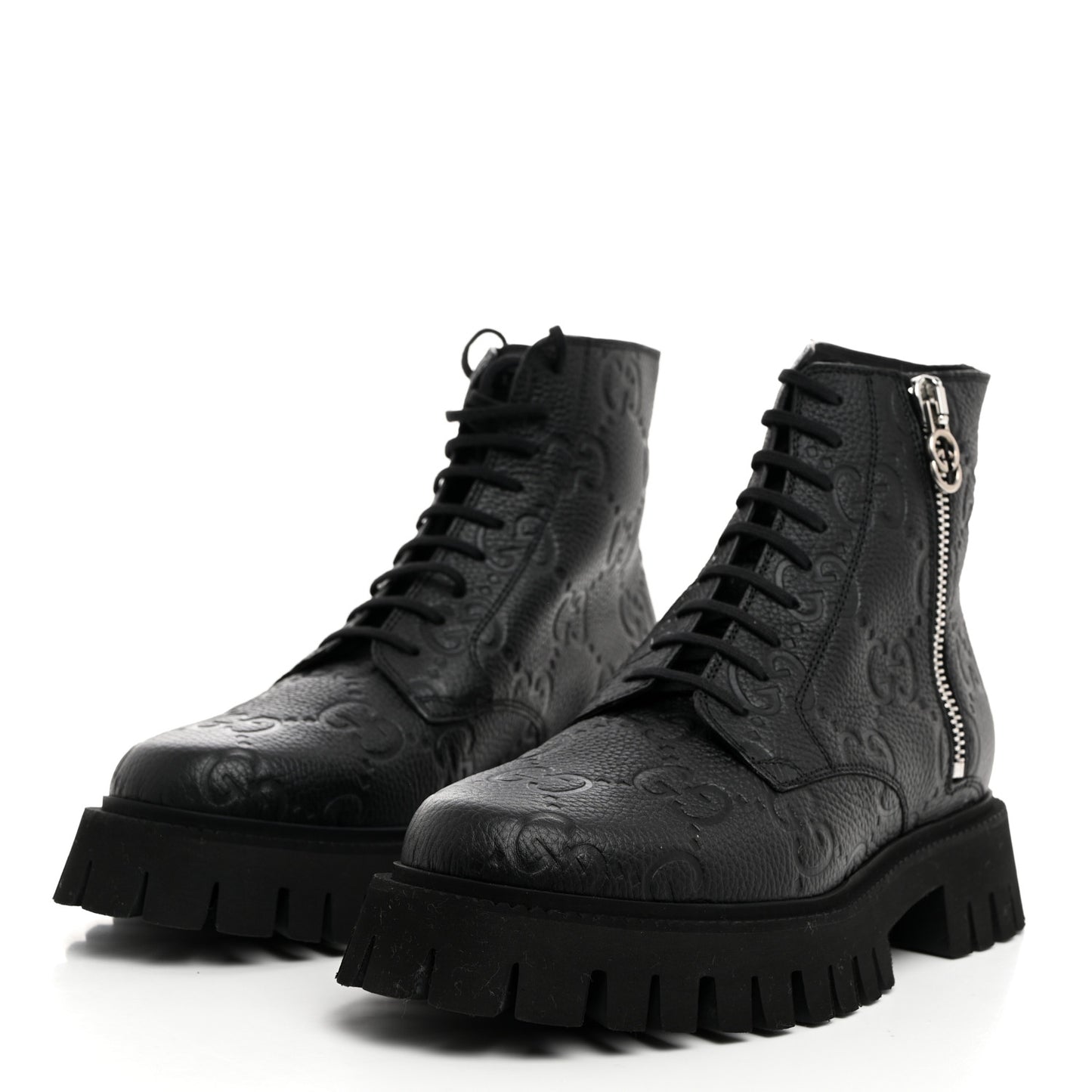 Calfskin Embossed Monogram Lace Up Ankle Boots 8 Black