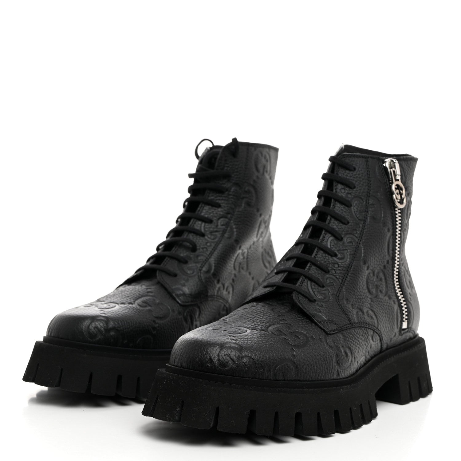 Gucci Calfskin Embossed Monogram Lace Up Ankle Boots 8 Black 3 of 9