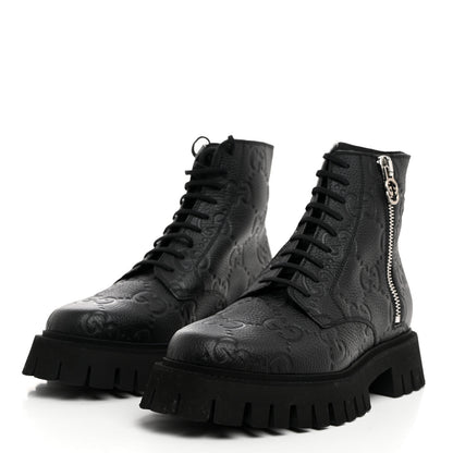 Gucci Calfskin Embossed Monogram Lace Up Ankle Boots 8 Black 3 of 9