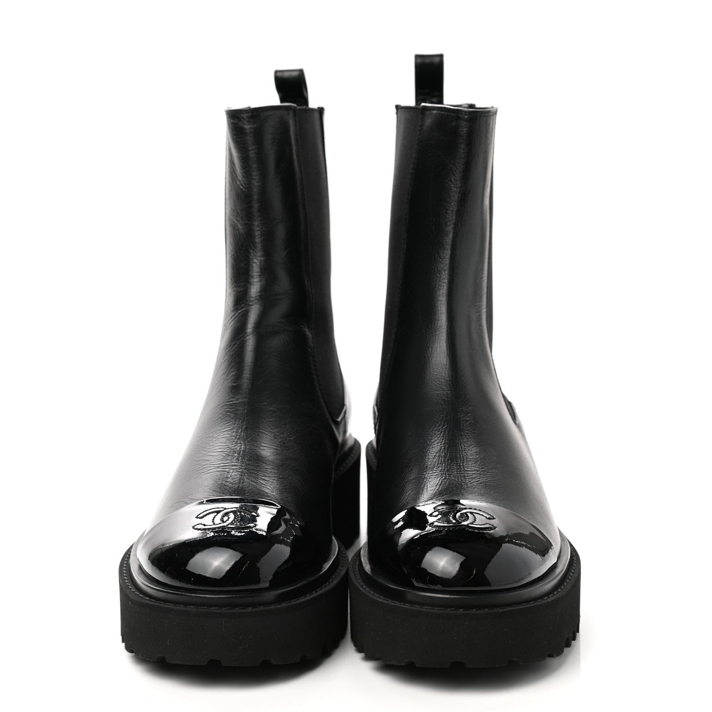 Crumpled Calfskin Patent Cap Toe Short Boots 40 Black