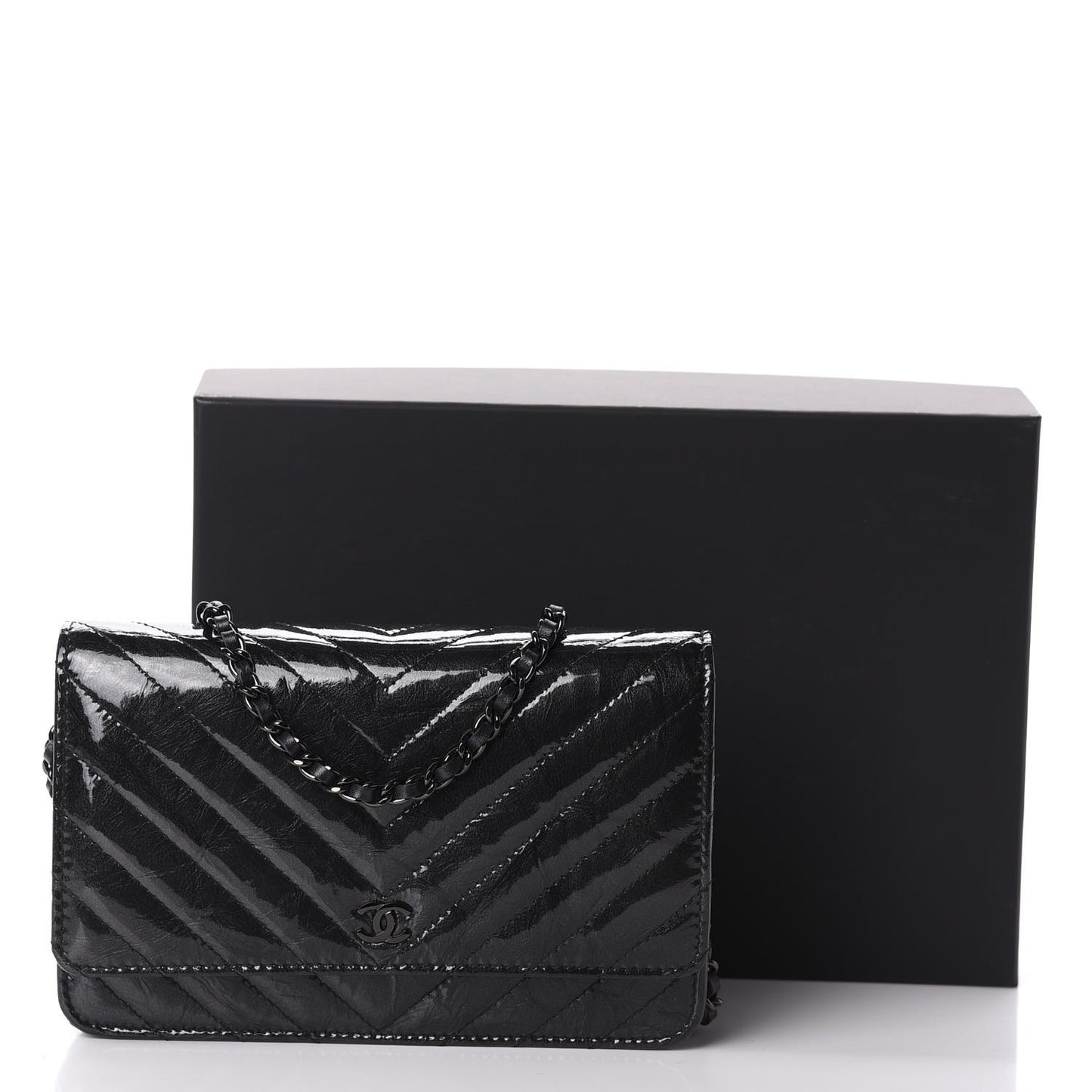 Patent Metallic Crumpled Calfskin Chevron Quilted Wallet On Chain WOC Black