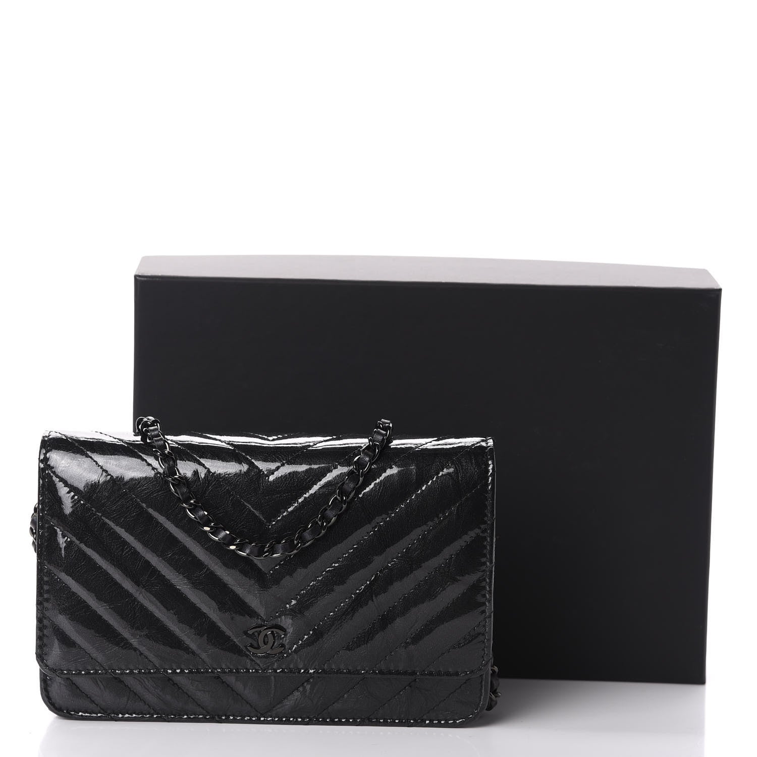 Chanel Patent Metallic Crumpled Calfskin Chevron Quilted Wallet On Chain WOC Black 12 of 12