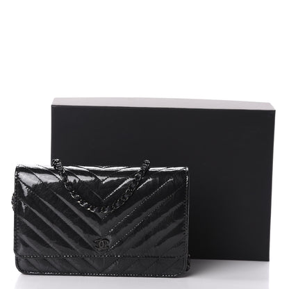 Chanel Patent Metallic Crumpled Calfskin Chevron Quilted Wallet On Chain WOC Black 12 of 12