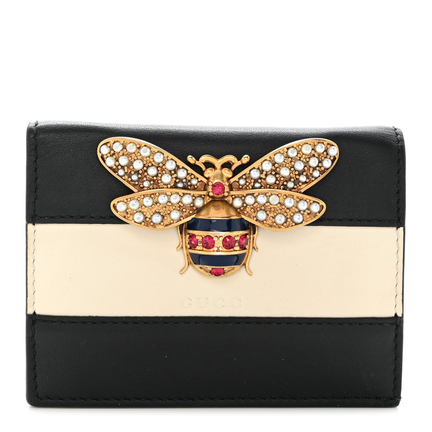 Calfskin Queen Margaret Card Case Wallet Black Mystic White