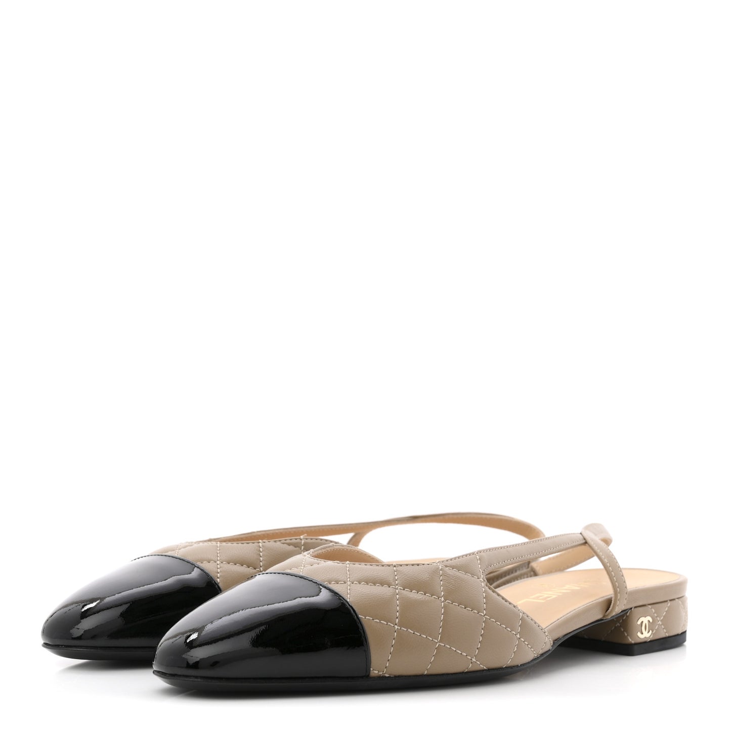 Lambskin Patent Cap Toe CC Slingback Flats 38.5 Beige Black