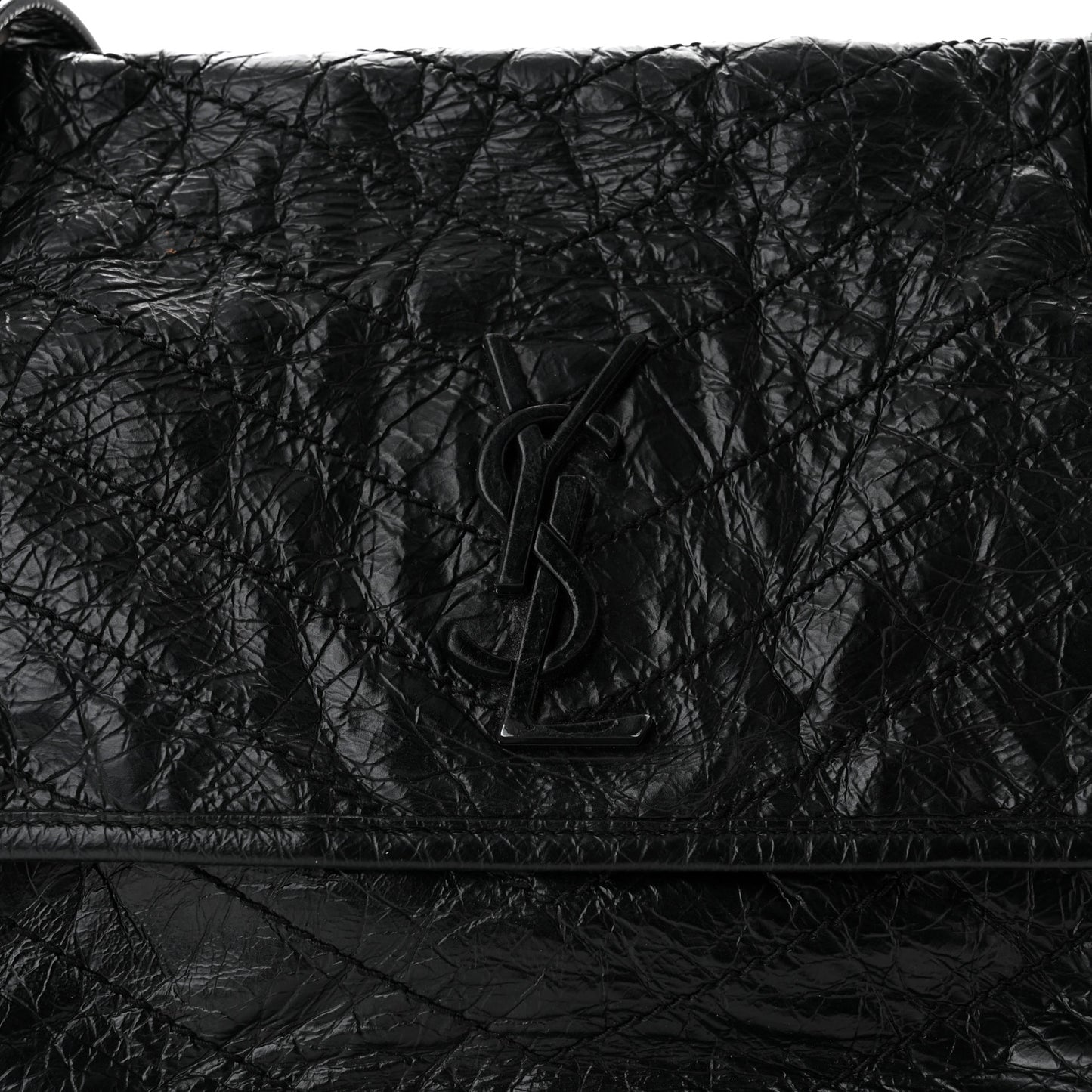 Crinkled Calfskin Matelasse Monogram Medium Niki Chain Satchel Black