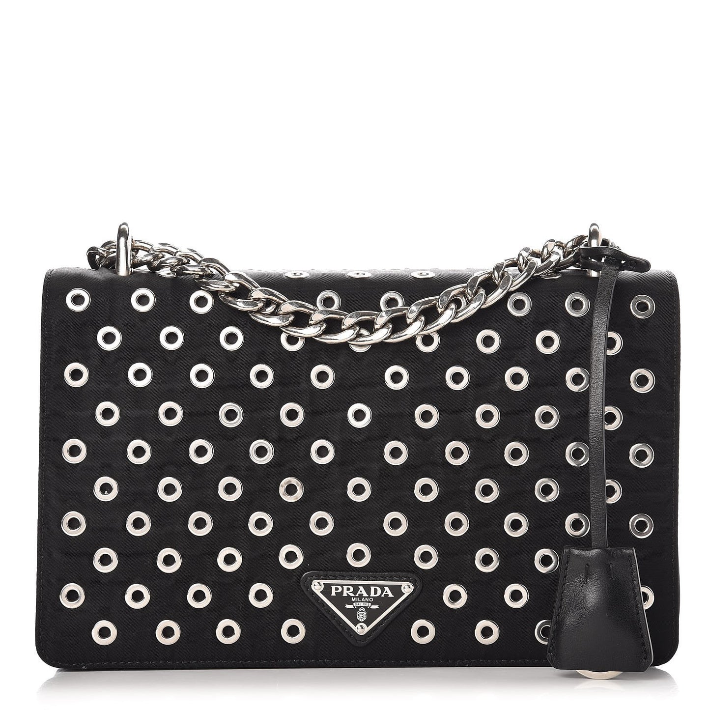 Tessuto Nylon Soft Calf Grommet Chain Shoulder Bag Nero Black
