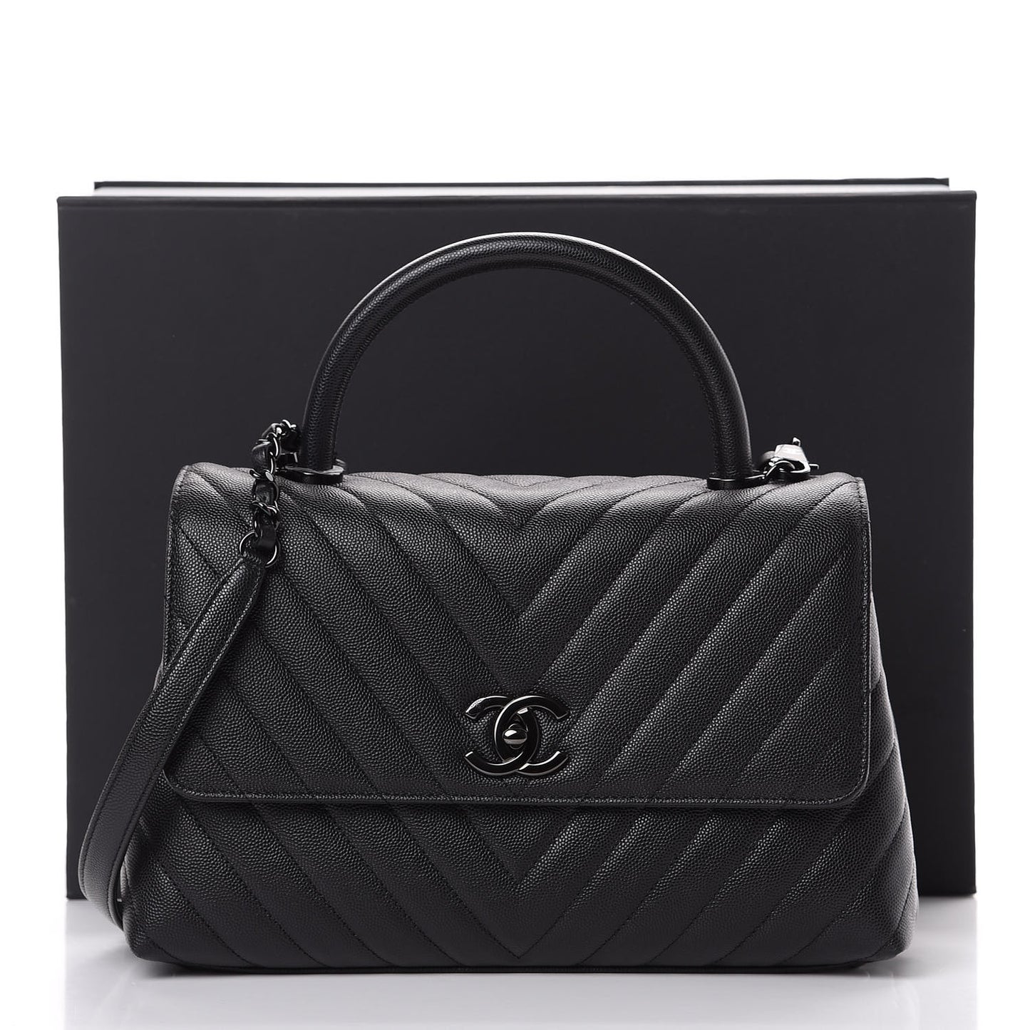 Caviar Chevron Quilted Small Coco Handle Flap So Black
