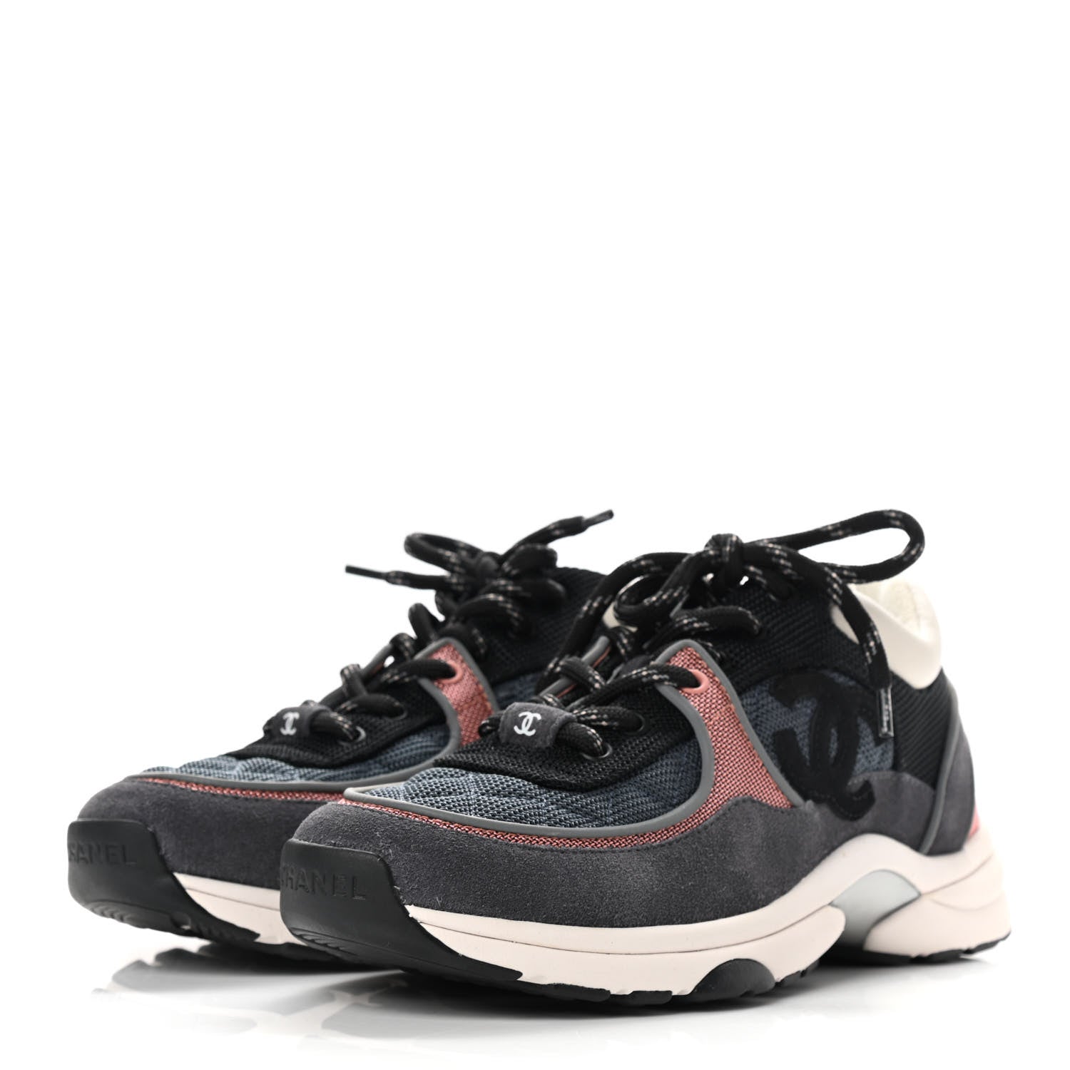 Chanel Nylon Calfskin Suede Womens CC Sneakers 37.5 Grey Pink 3 of 8