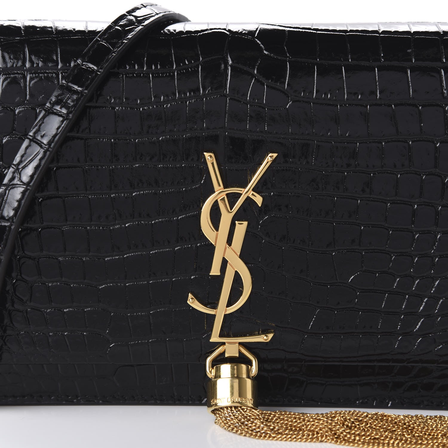 Saint Laurent Calfskin Crocodile Embossed Kate Monogram Tassel Chain Wallet Black 9 of 9