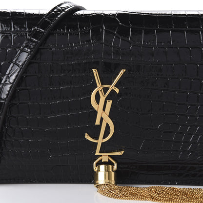 Saint Laurent Calfskin Crocodile Embossed Kate Monogram Tassel Chain Wallet Black 9 of 9