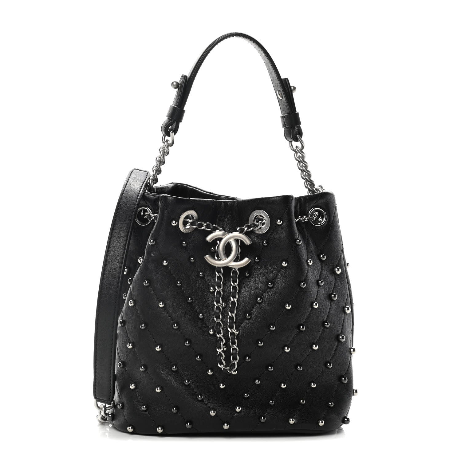 Chanel Lambskin Studded Chevron Quilted Small Stud Wars Drawstring Bag Black 1 of 10