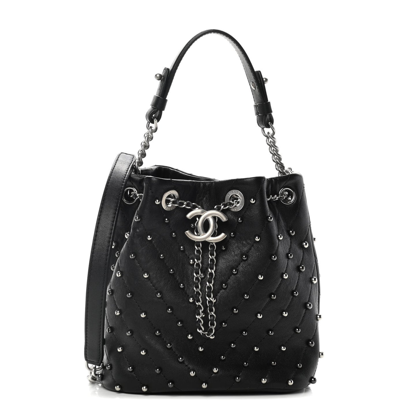 Lambskin Studded Chevron Quilted Small Stud Wars Drawstring Bag Black