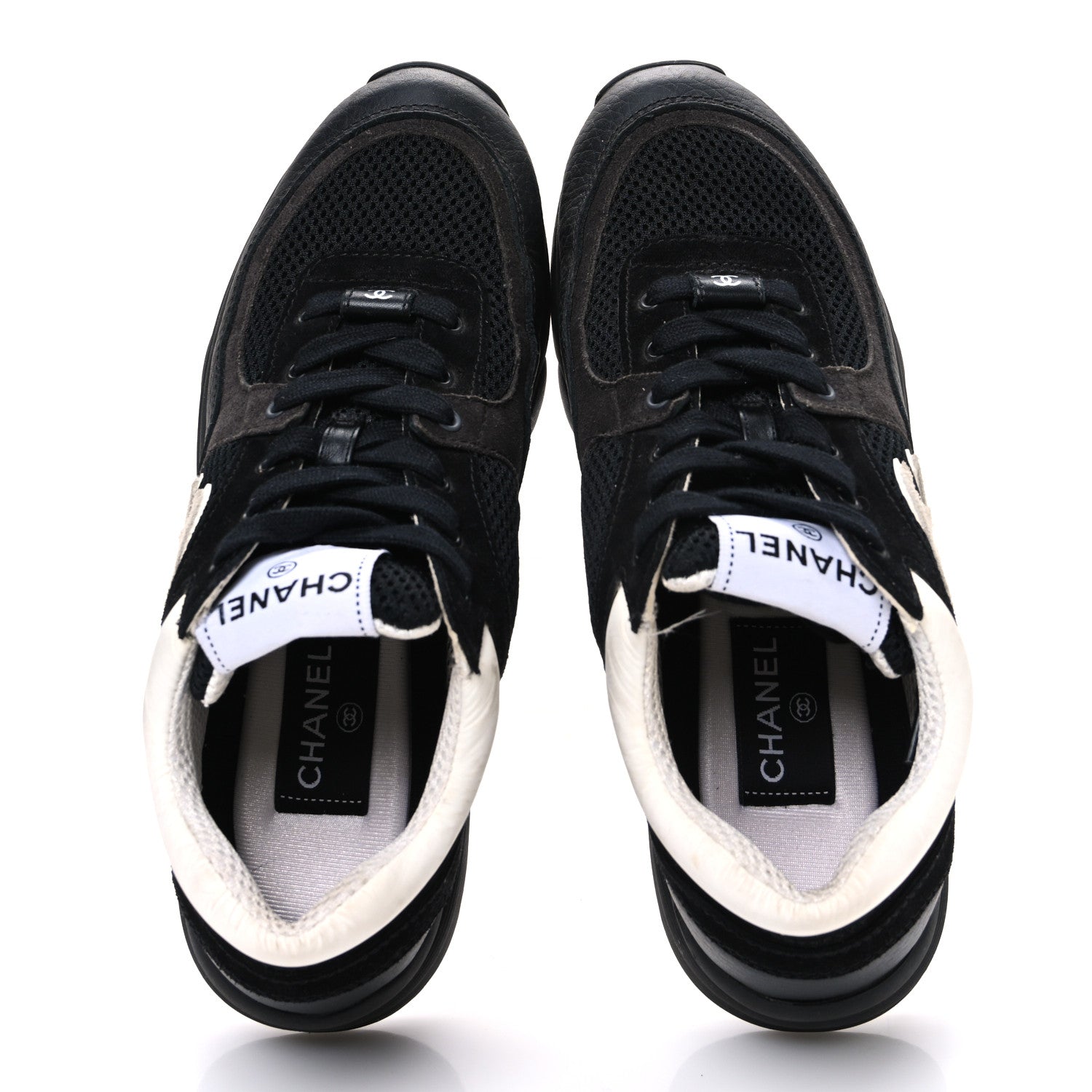 Chanel Mesh Suede Grained Calfskin Womens CC Sneakers 37.5 Black White 2 of 10