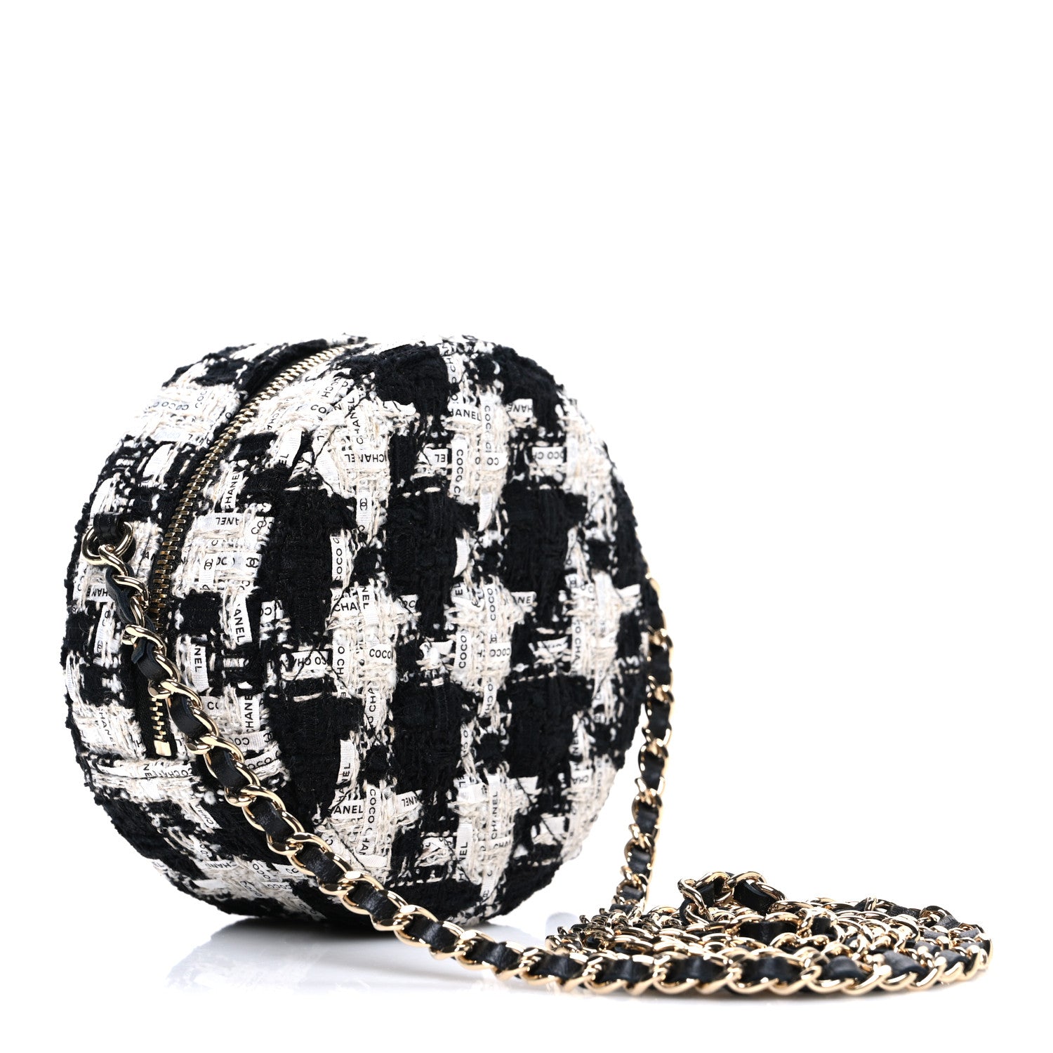 Chanel Tweed Quilted Round Clutch With Chain Black Ecru White 3 of 10