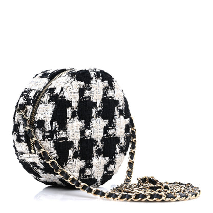 Chanel Tweed Quilted Round Clutch With Chain Black Ecru White 3 of 10