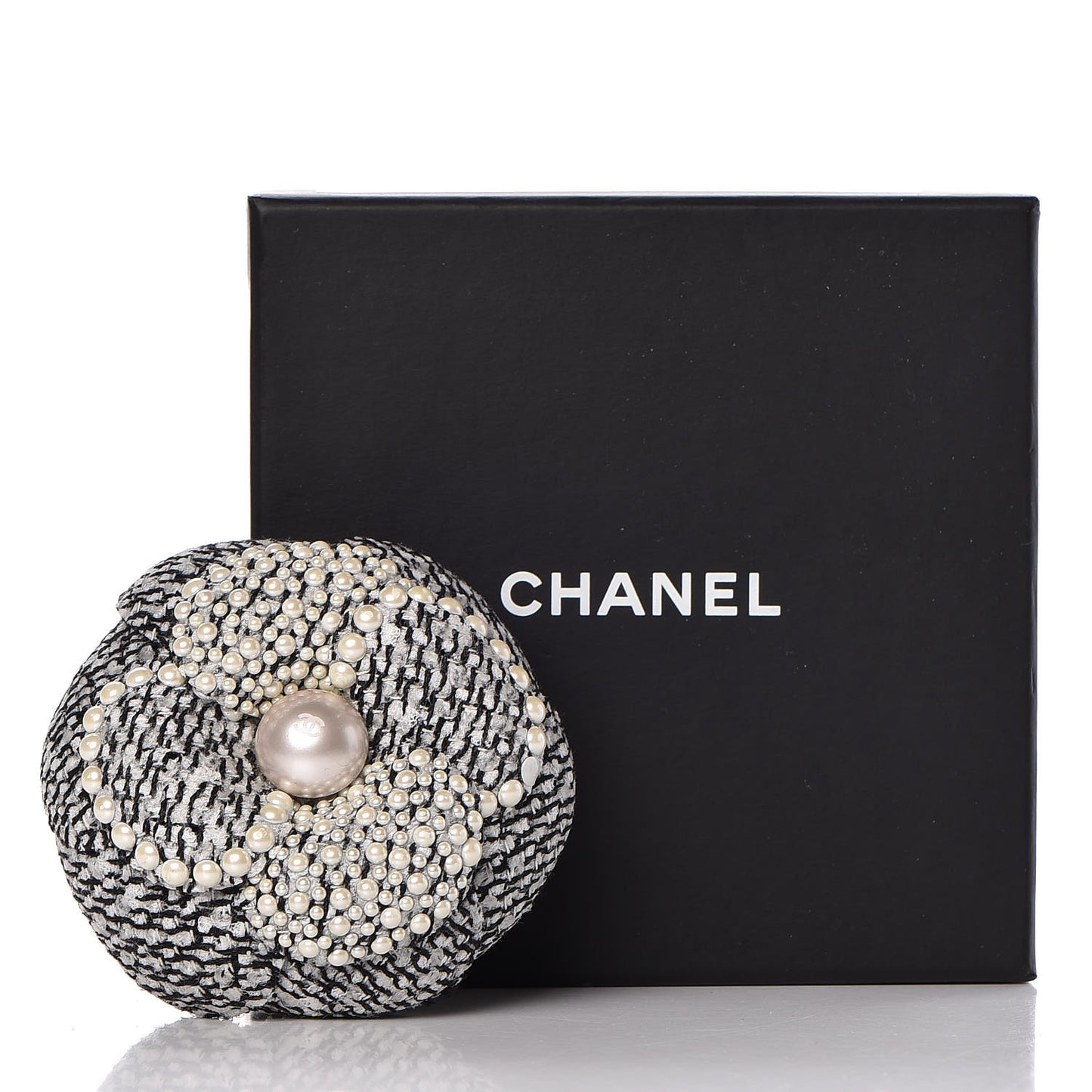 Tweed Pearl Camellia Brooch Black White Grey