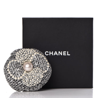 Chanel Tweed Pearl Camellia Brooch Black White Grey 5 of 5