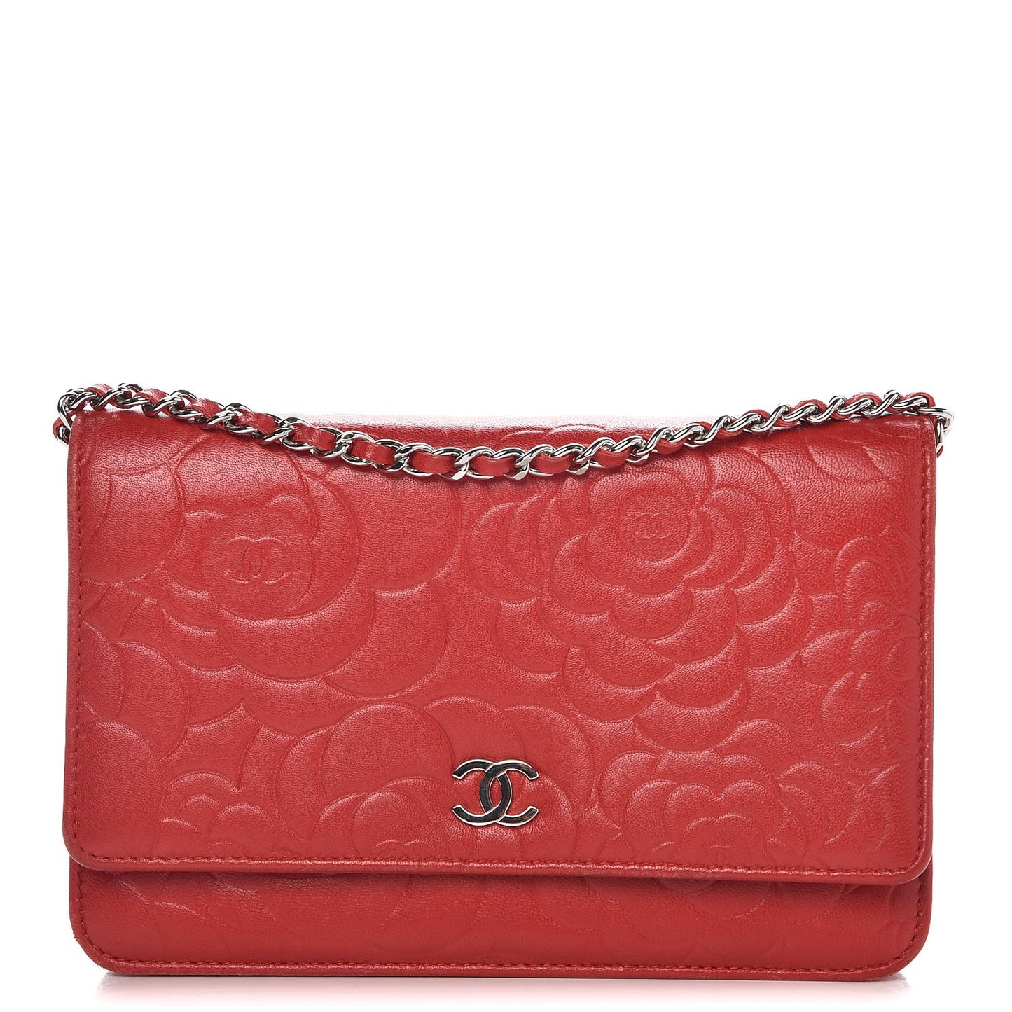 Lambskin Camellia Embossed Wallet On Chain WOC Red
