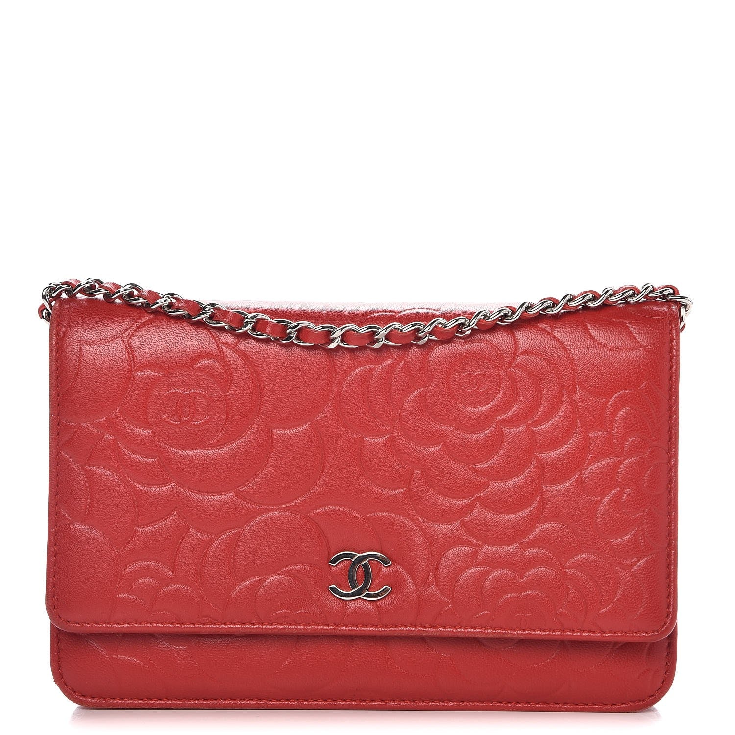 Chanel Lambskin Camellia Embossed Wallet On Chain WOC Red 1 of 9