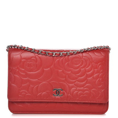 Chanel Lambskin Camellia Embossed Wallet On Chain WOC Red 1 of 9