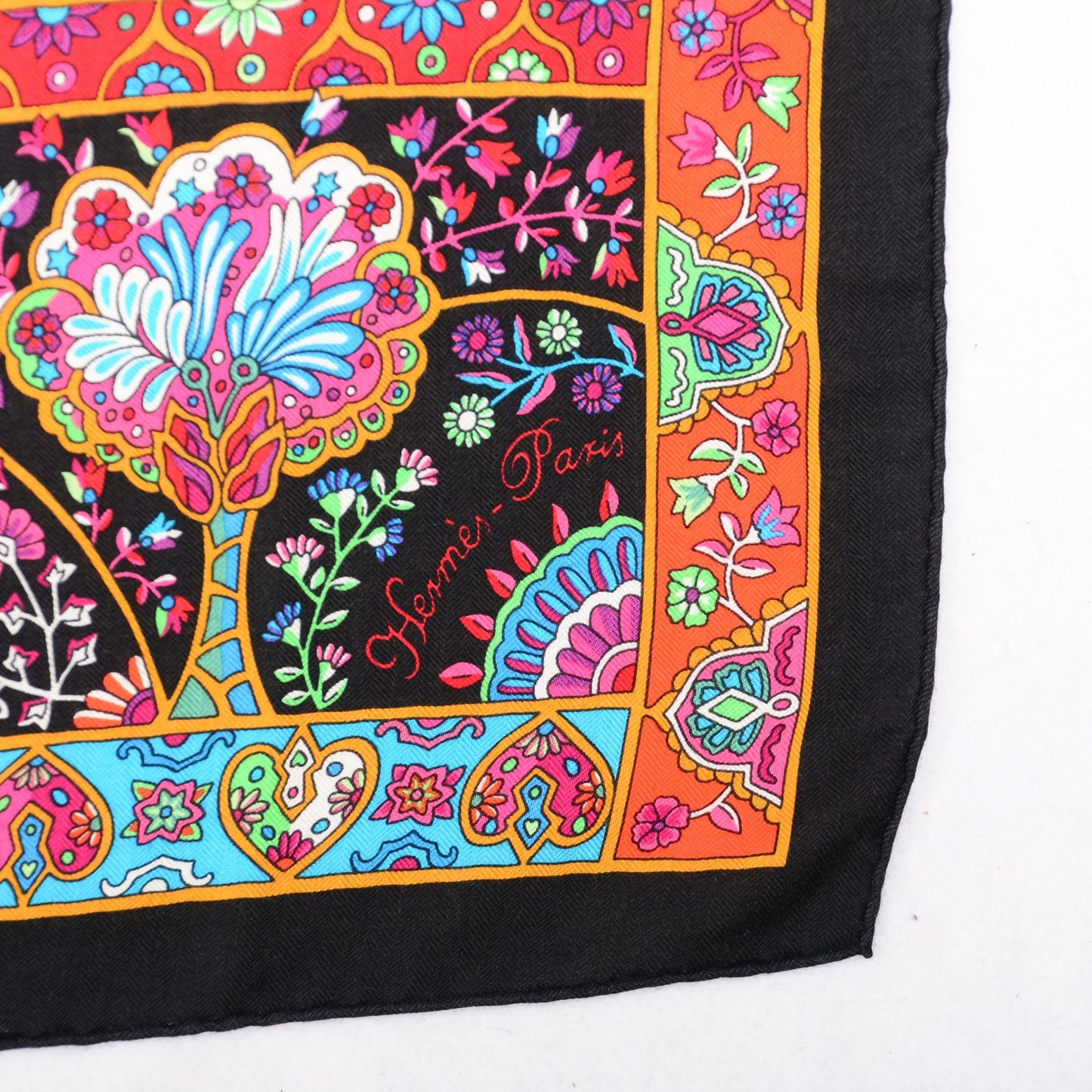 Cashmere Silk Au Pays De Oiseaux Fleurs Shawl 140 Noir Fuchsia Vert