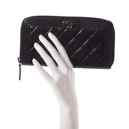 Chanel Distressed Patent Quilted Boy Zip Around Wallet Black 2 of 10