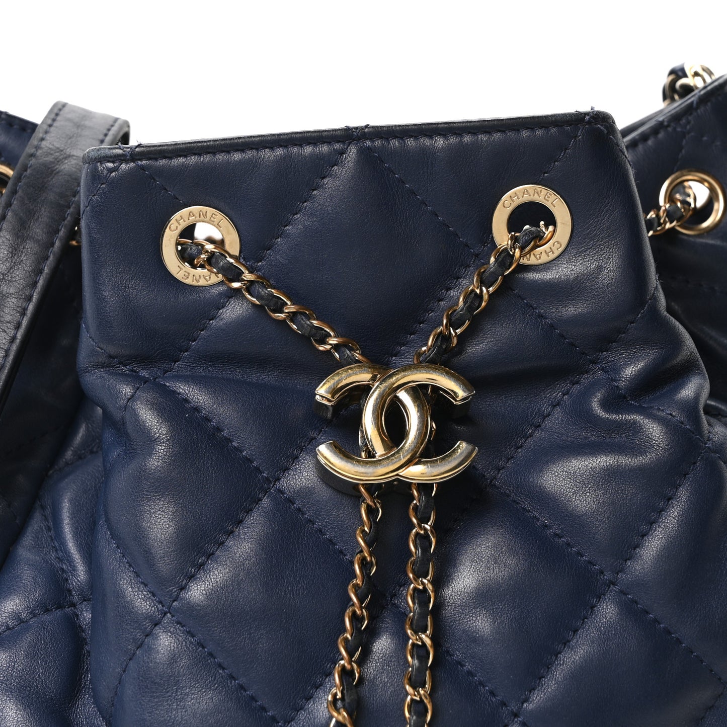 Lambskin Quilted Chain Drawstring Bag Navy Blue
