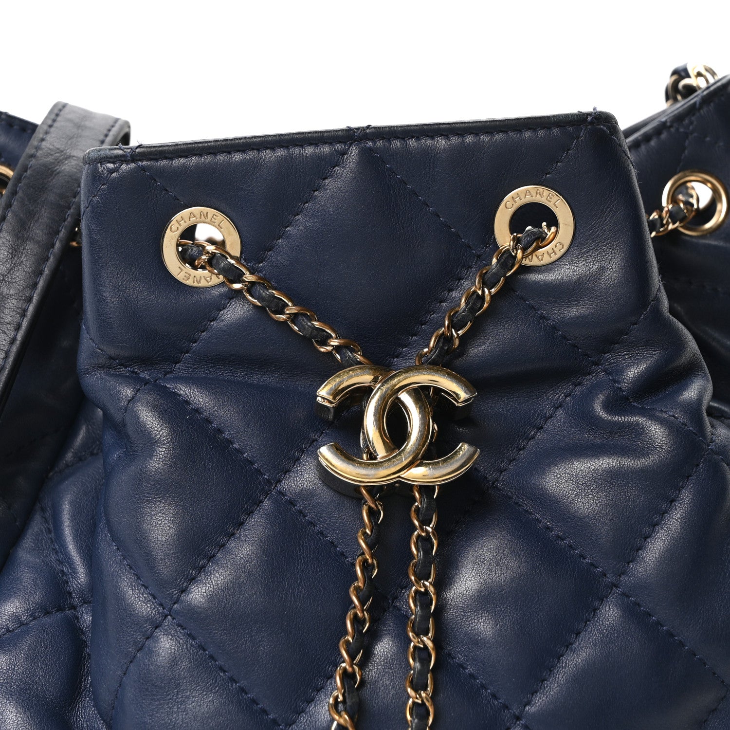 Chanel Lambskin Quilted Chain Drawstring Bag Navy Blue 7 of 9