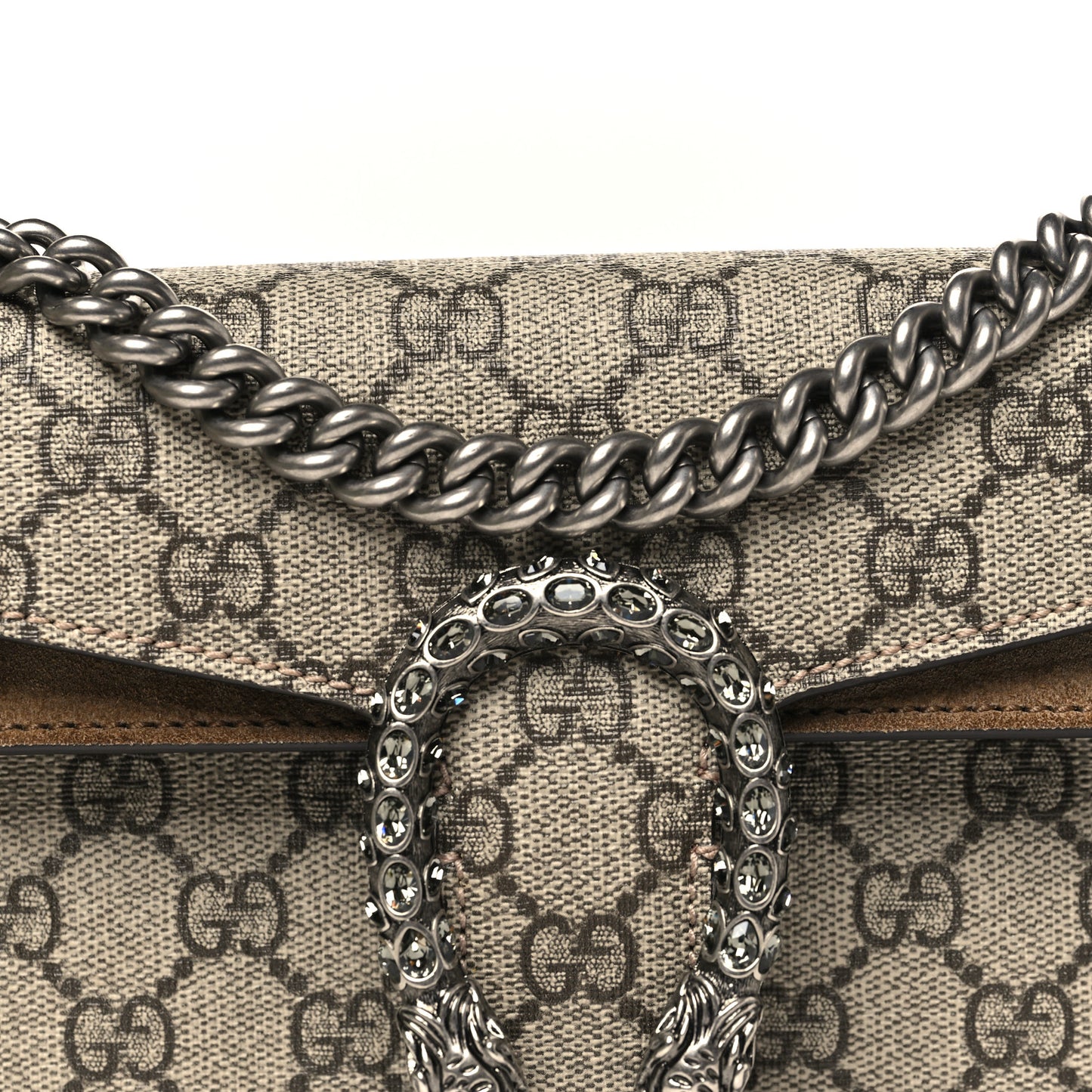 GG Supreme Monogram Suede Crystal Small Dionysus Shoulder Bag Beige Ebony Taupe
