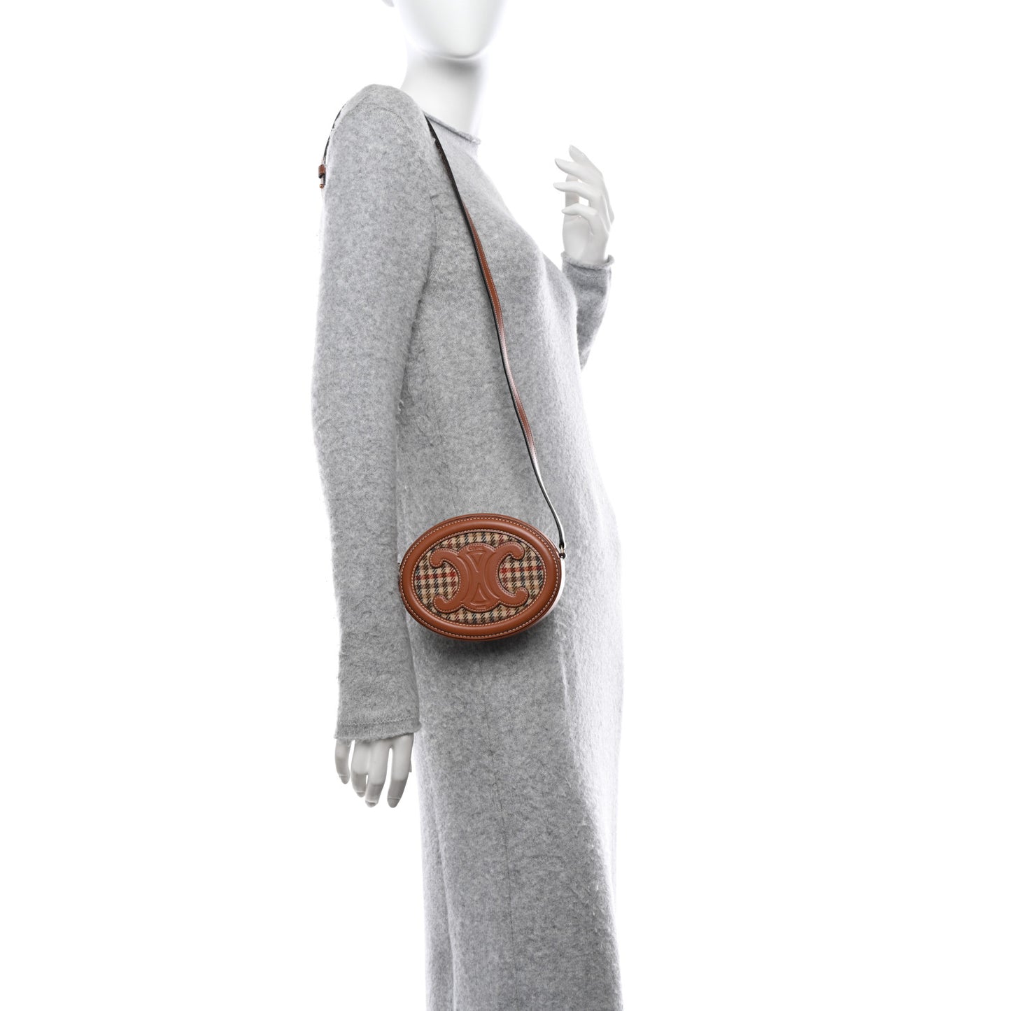 Smooth Calfskin Houndstooth Cuir Small Triomphe Oval Purse Crossbody Tan