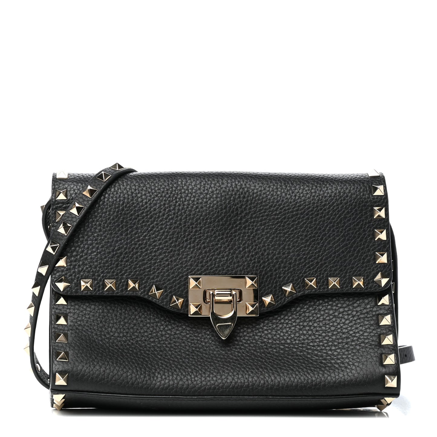Pebbled Calfskin Medium Rockstud Flip Lock Crossbody Bag Black