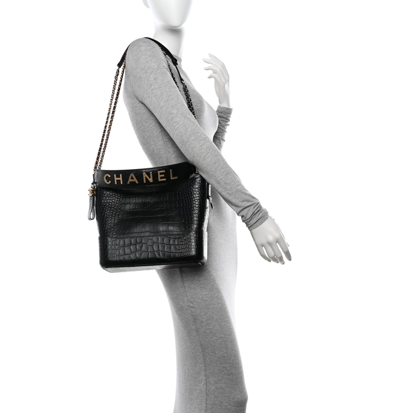 Crocodile Embossed Calfskin Medium Gabrielle Cocodile Hobo Black