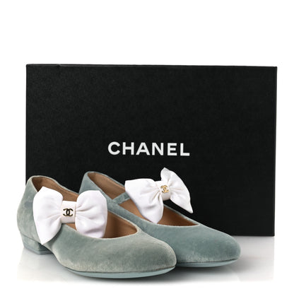 Chanel Velvet Grosgrain Bow Mary Jane Flats 37.5 Light Green White 11 of 11