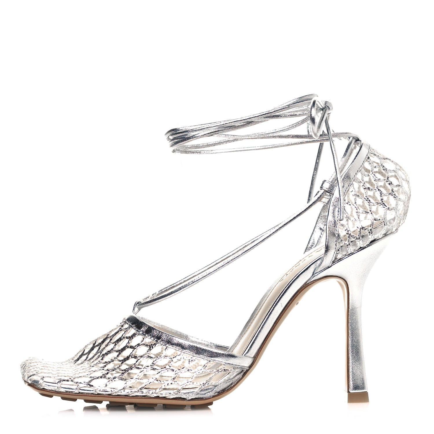 Bottega Veneta Mesh Metallic Nappa Stretch Ankle Tie Sandals 38 Silver 1 of 8
