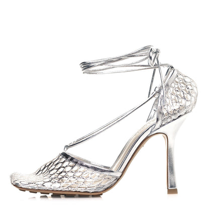 Bottega Veneta Mesh Metallic Nappa Stretch Ankle Tie Sandals 38 Silver 1 of 8
