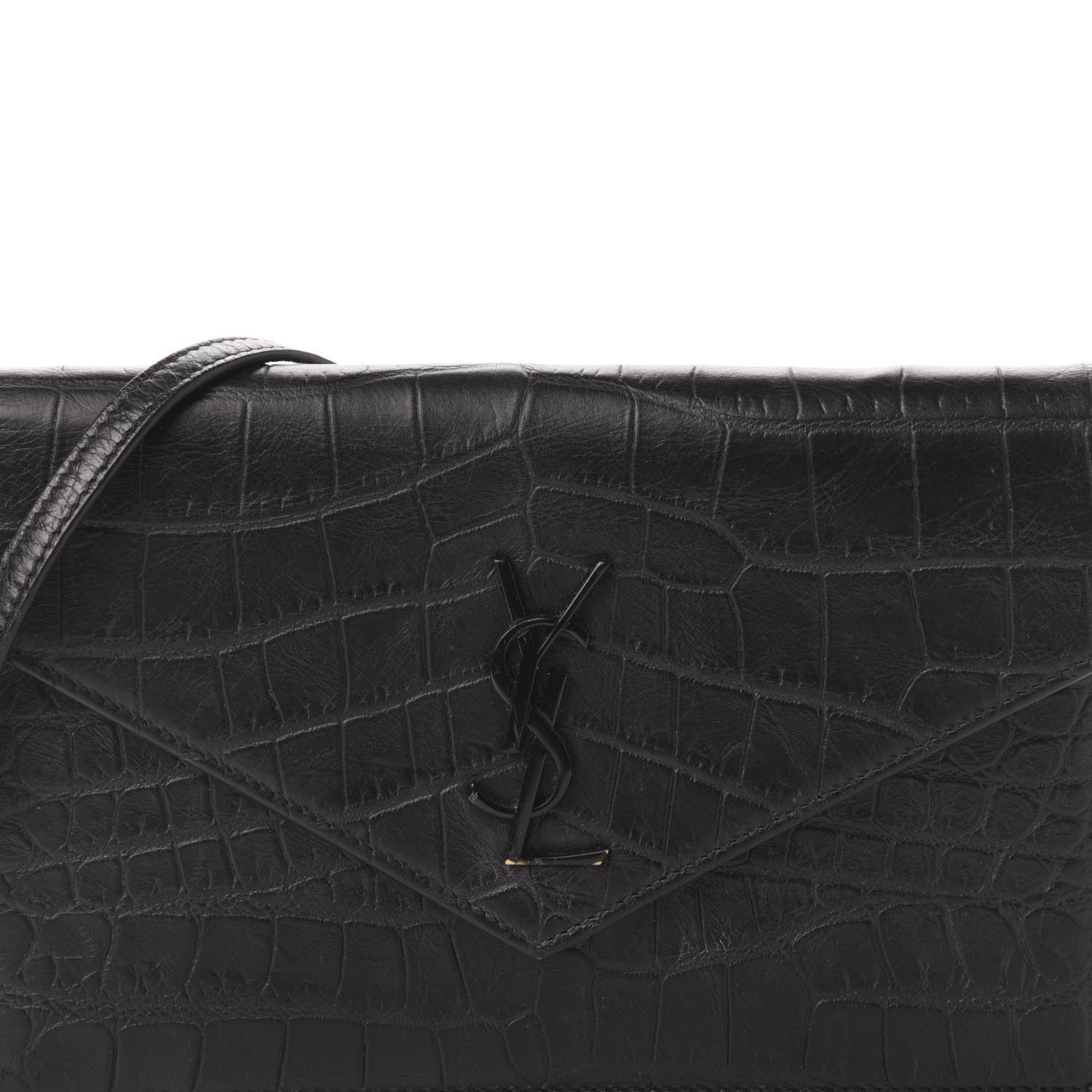 Saint Laurent Calfskin Crocodile Embossed Monogram Envelope Chain Wallet Black 12 of 12