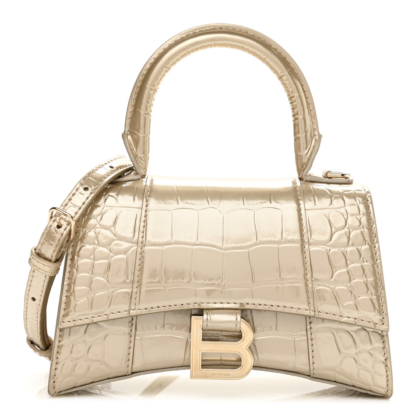 Metallic Shiny Calfskin Crocodile Embossed Hourglass Top Handle Bag XS Light Gold